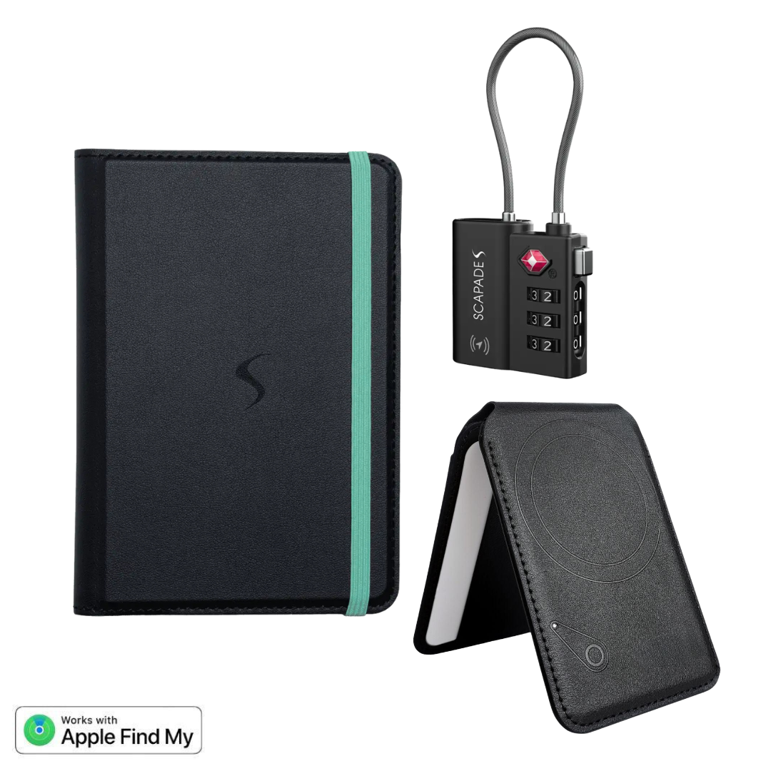 Security & Tracking Kit - Passport Wallet, Magnetic Cardholder & TSA-Approved Suitcase Lock