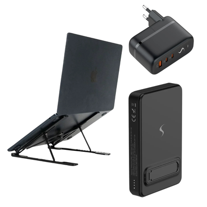 Work Anywhere Kit – Laptopständer, magnetische Powerbank & Reise-Ladegerät mit internationalen Steckern